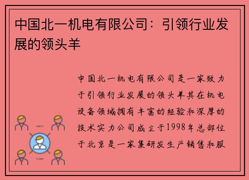 中国北一机电有限公司：引领行业发展的领头羊